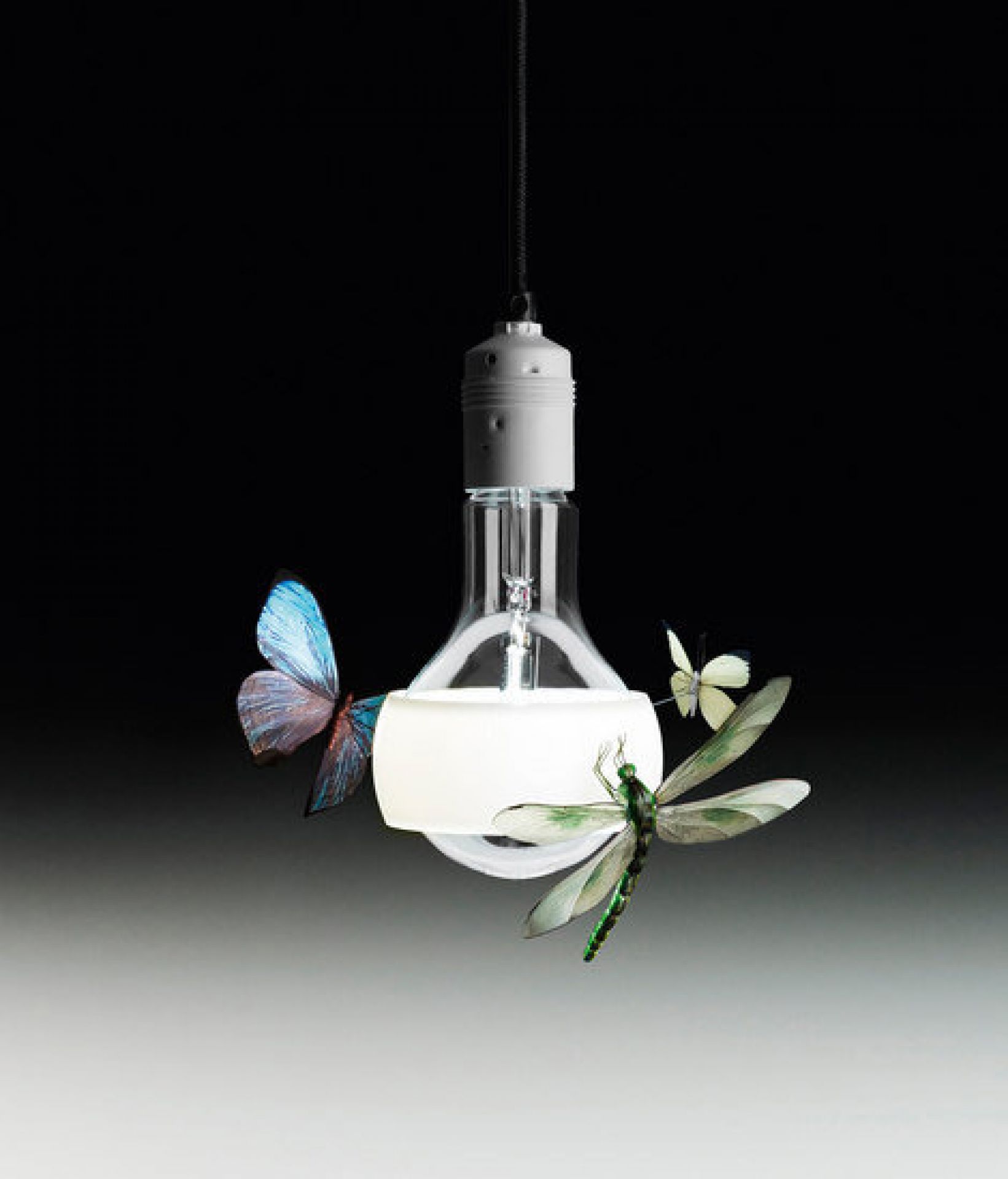 Johnny B. Butterfly Hängeleuchte: Glühbirnen-Designlampe mit Schmetterlingen und Libelle, Ingo Maurer Leuchte.